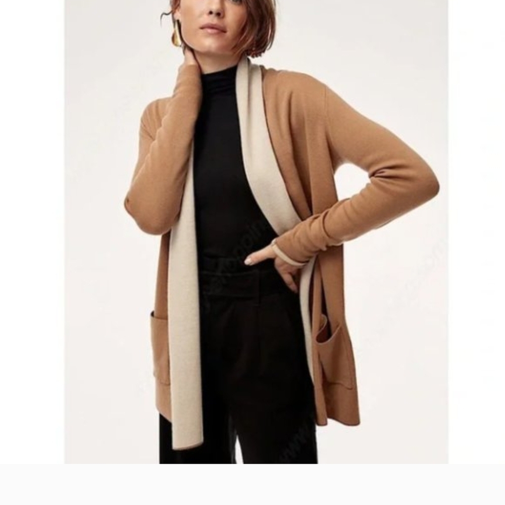 Babaton Wool Blend Open Front Cardigan‎ Camel and Cream Size L